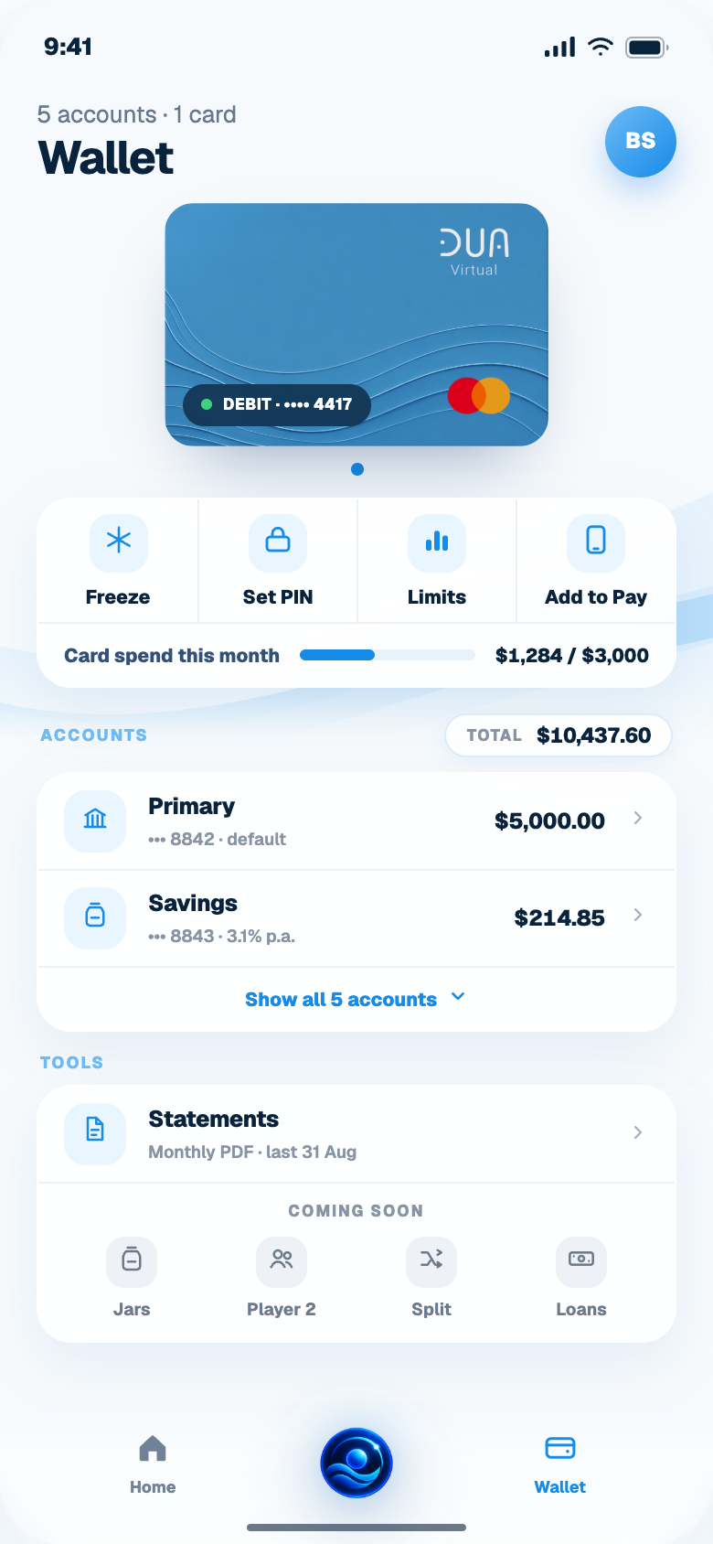 Dua wallet account and card screen