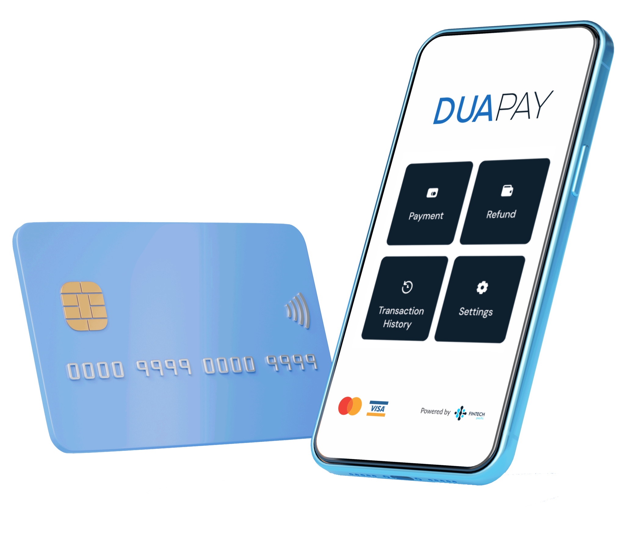 DuaPay SoftPOS acceptance app on a phone, with a contactless card